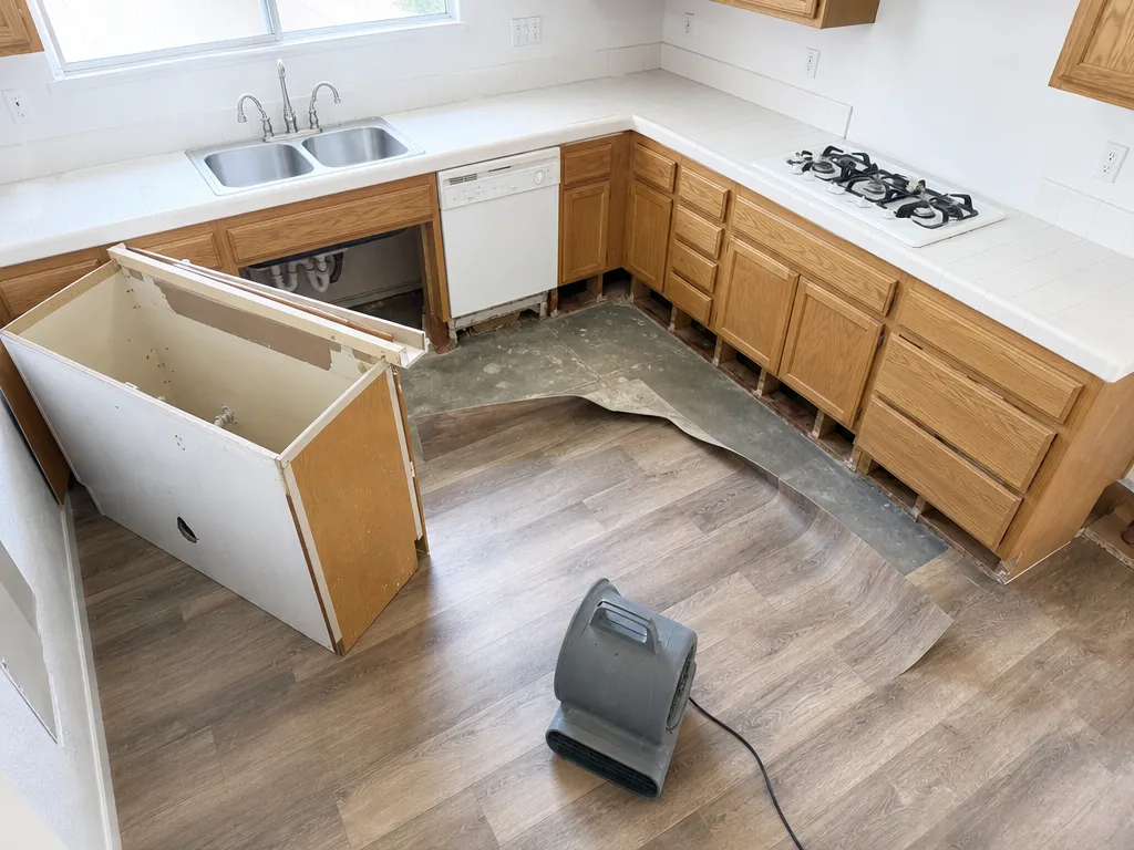 A kitchen with the sink base cabinet pulled out, toe kicks removed and vinyl flooring lifted to dry the slab after a leak