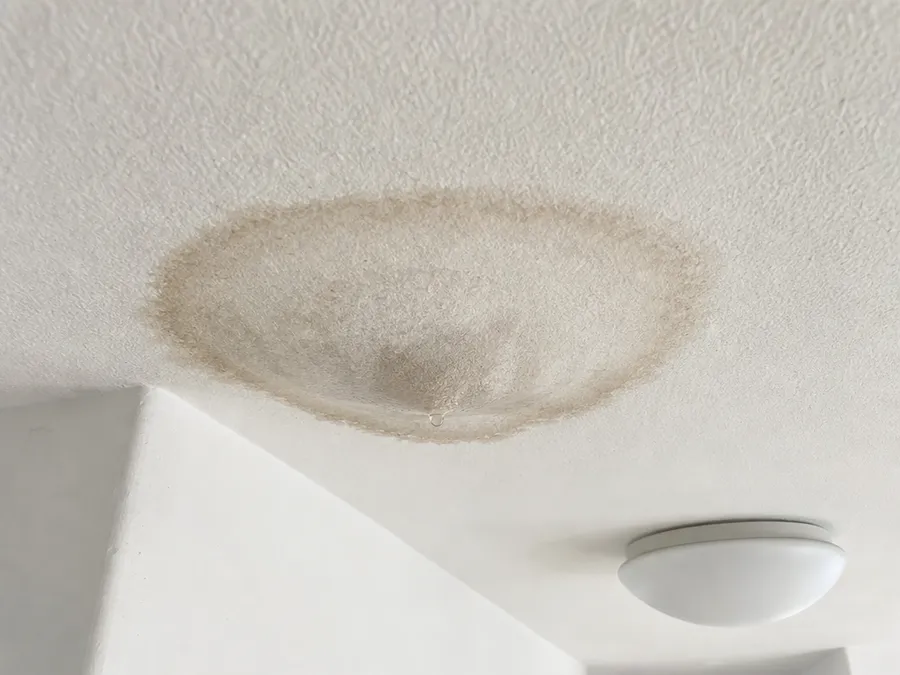 A water-stained ceiling in a hallway with a brown ring and a sagging bulge where water has pooled on the drywall