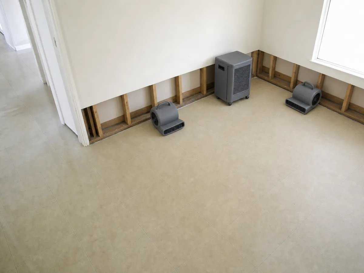 The same room while it dries: the lower drywall cut away to the studs, a dehumidifier and two air movers on a dry tile floor