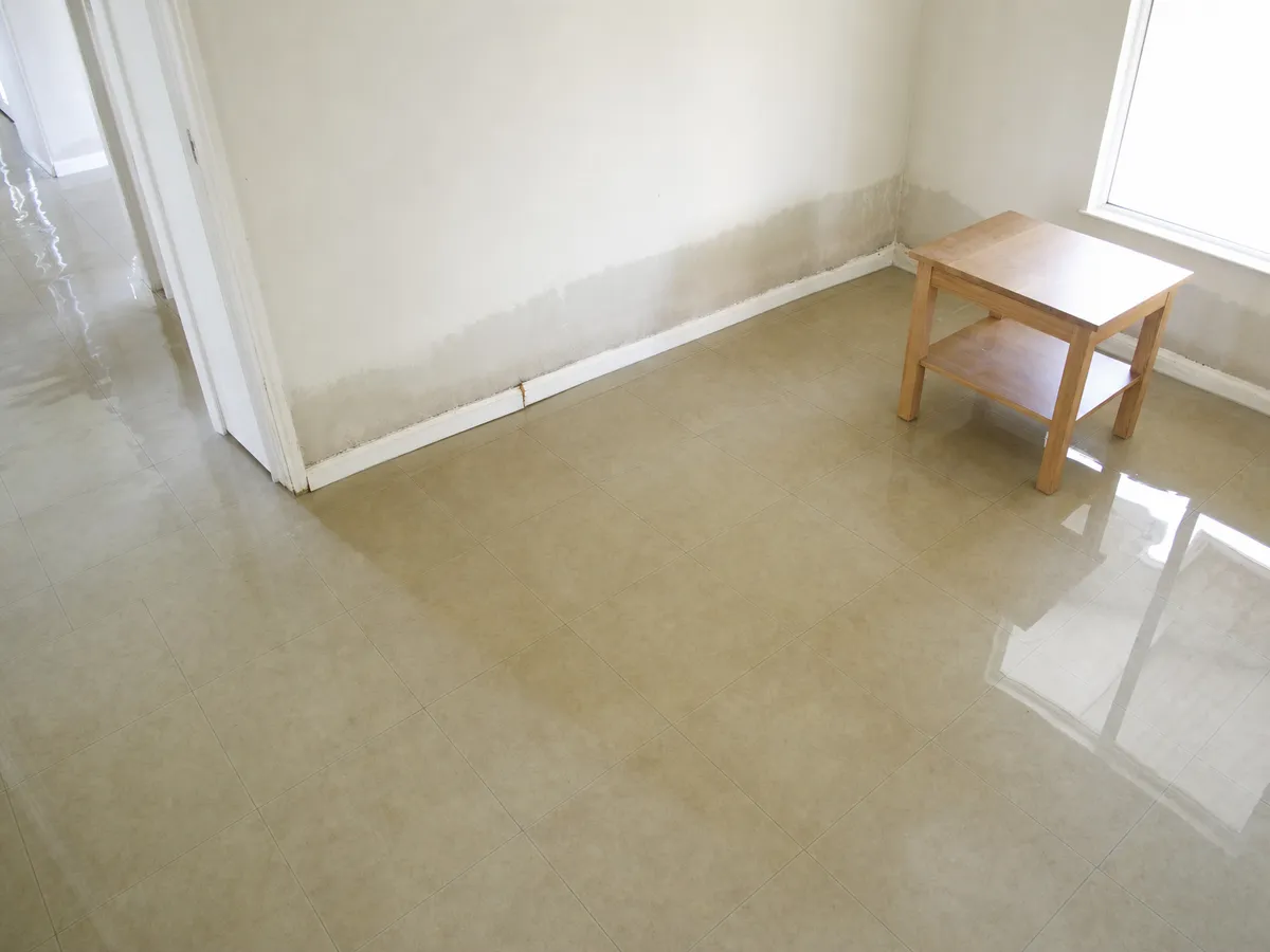 A living room corner with a shallow sheet of standing water across the tile floor and a damp band wicking up the lower walls