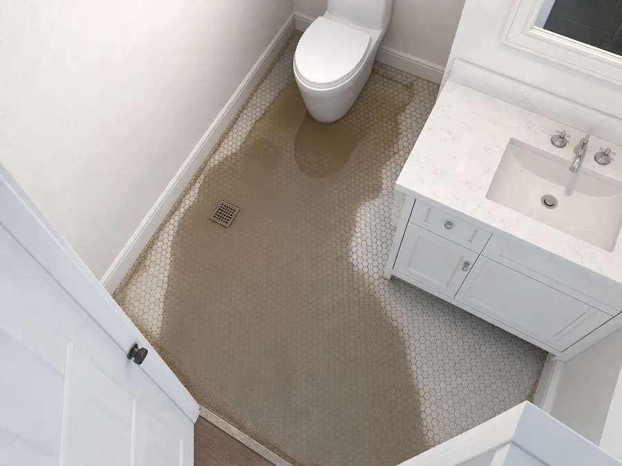 Cloudy brown sewage water pooled across a bathroom floor from the base of the toilet