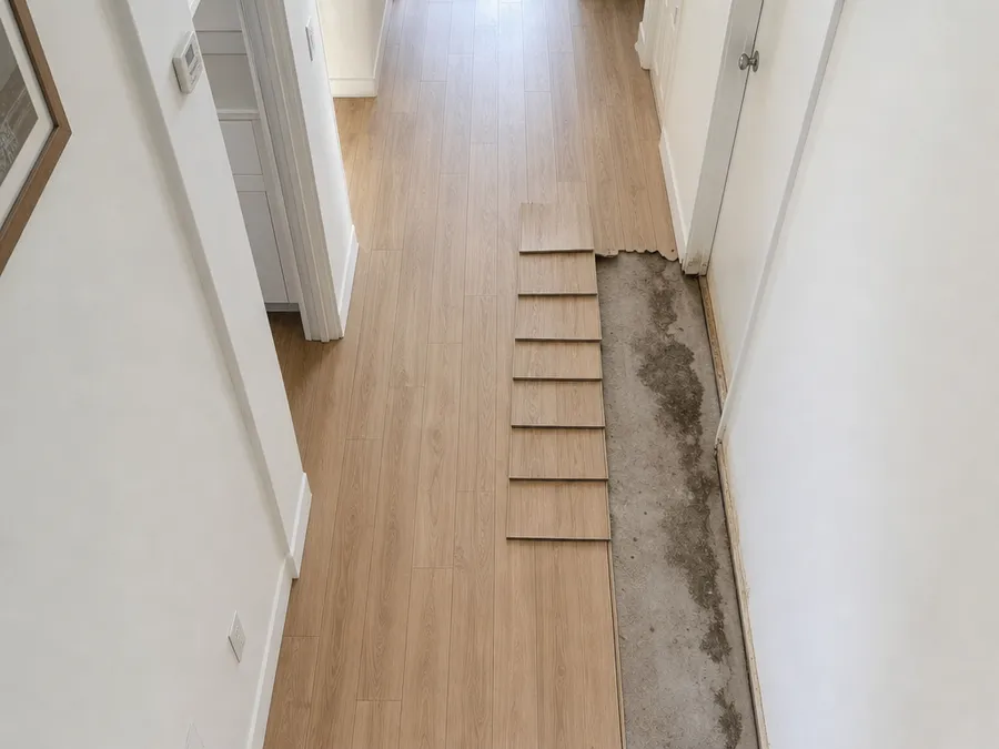 A hallway with laminate floor planks lifted to show a damp patch on the concrete slab after a slab leak