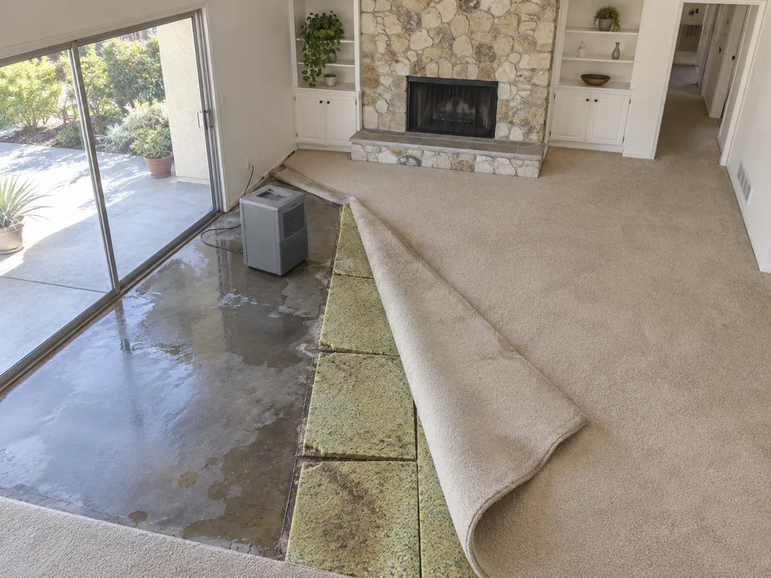 Carpet folded back from a wet concrete slab, its soaked pad cut into squares, with a dehumidifier running on the bare floor