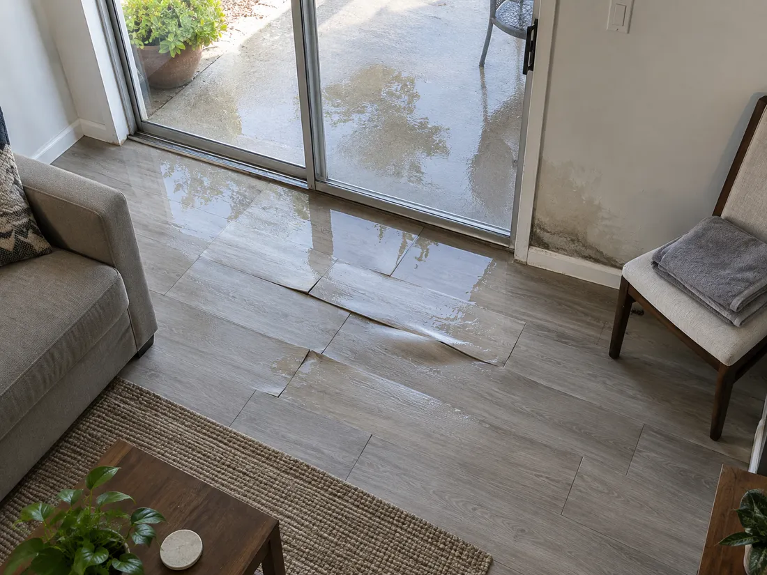 Laminate planks swollen and peaked at their seams where water pooled inside a sliding patio door