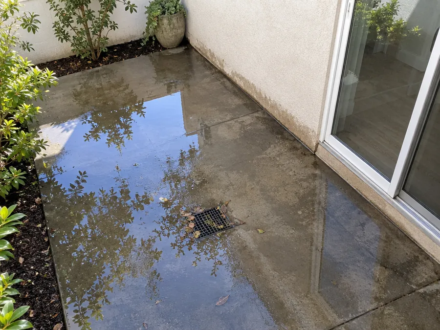 Rainwater pooled across a patio slab against a stucco wall, a drain half covered in leaves