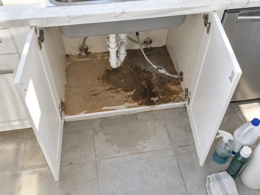 A sink base cabinet with a swollen, stained floor under a burst supply hose