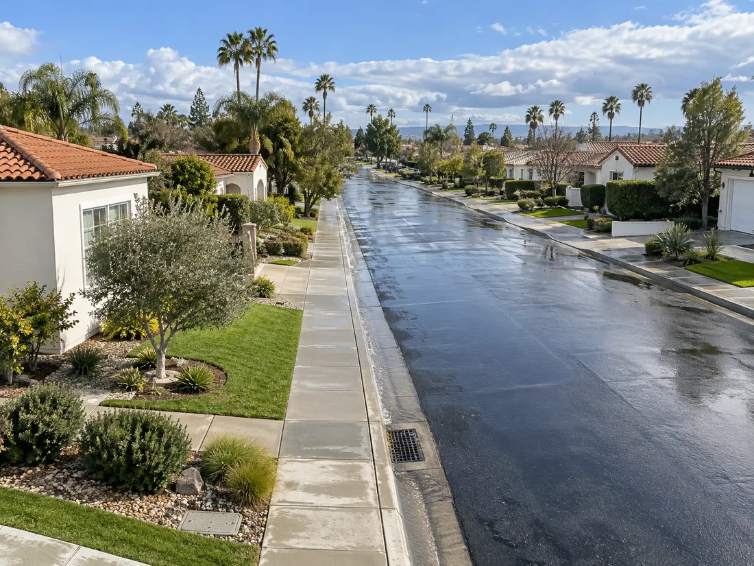 Rainwater running along a street gutter into a curb storm drain after a winter storm, stucco houses on both sides