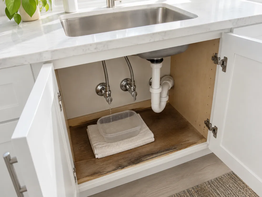 The open cabinet under a kitchen sink, a braided supply hose dripping from its shut-off valve into a plastic tub on a towel